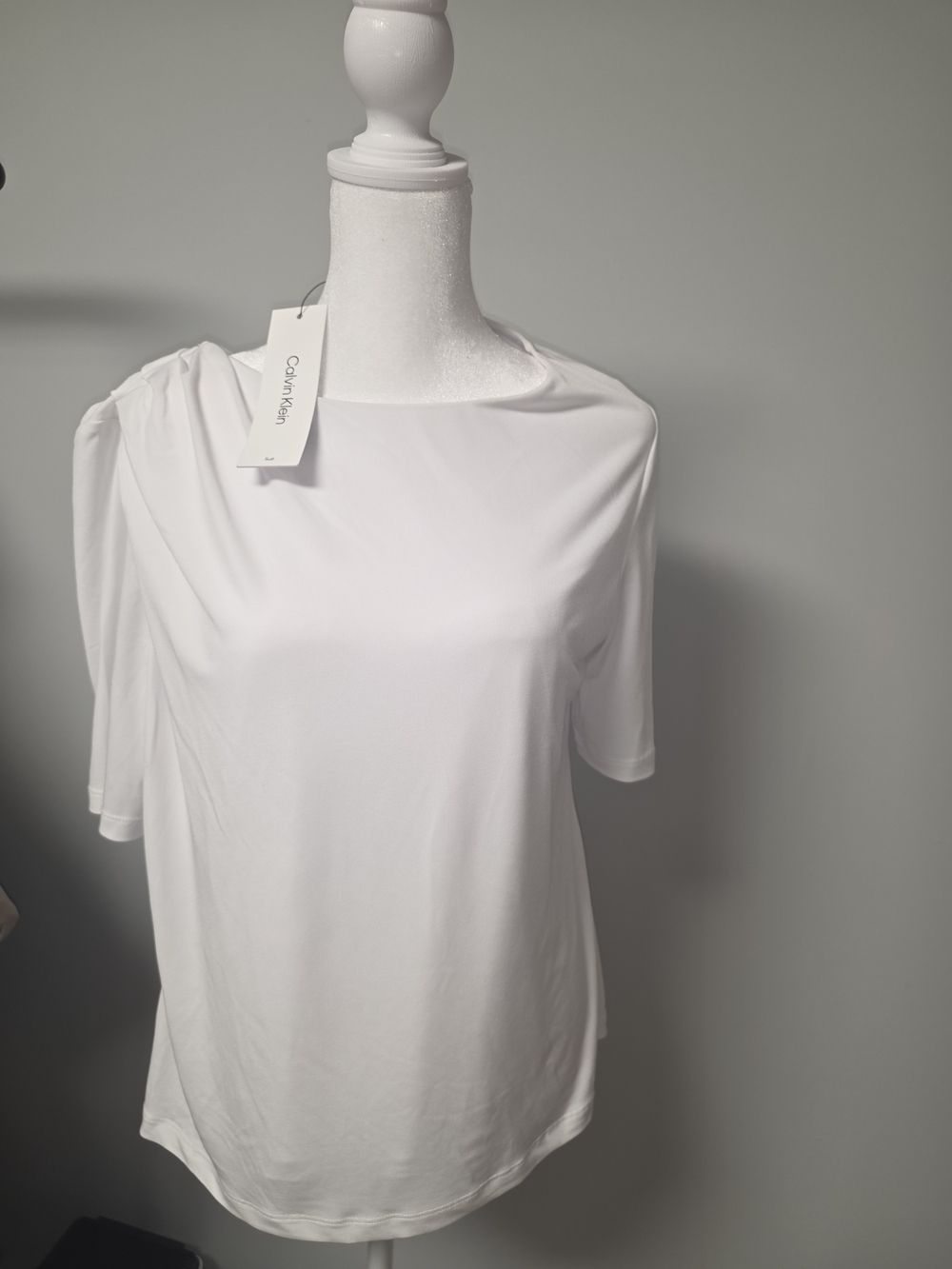 Calvin Klein White Short-Sleeve Draped Shoulder Top Large Size